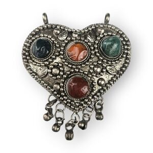 Afghan Kuchi Gemstone Heart Pendant Floral Silver Tone Dangle Ethnic Vtg 2.75"
